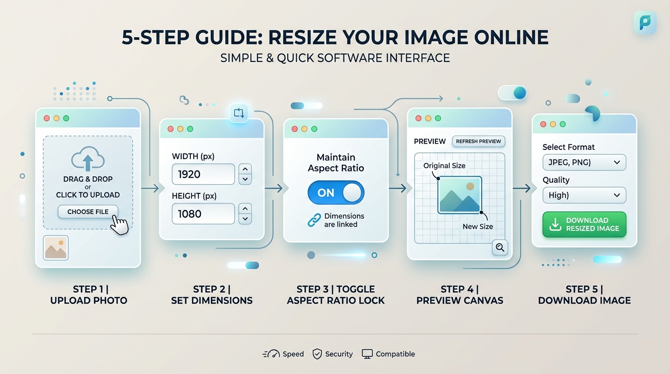 Five-step guide to resizing an image online: upload, enter dimensions, lock aspect ratio, preview, download